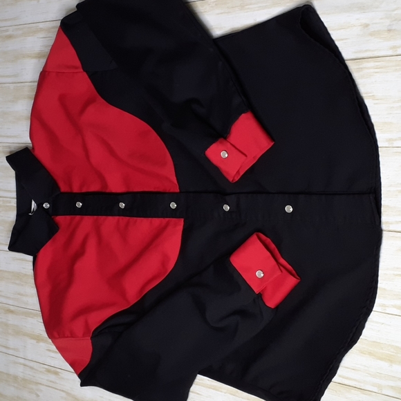 Elisabeth Tops - Vintage Elisabeth Western Women's Red & Black Pearl Snap Long Sleeve Shirt Sz14